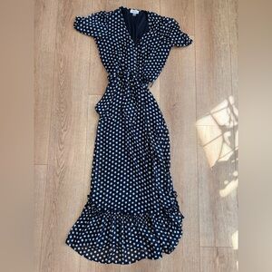 Calvin Klein Navy Polka Dot Wrap Midi Dress Size 2 Ruffle Hem
